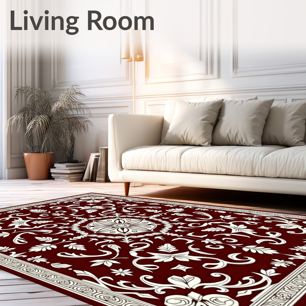 Crimson Ivory Floral Scroll Medallion Rug