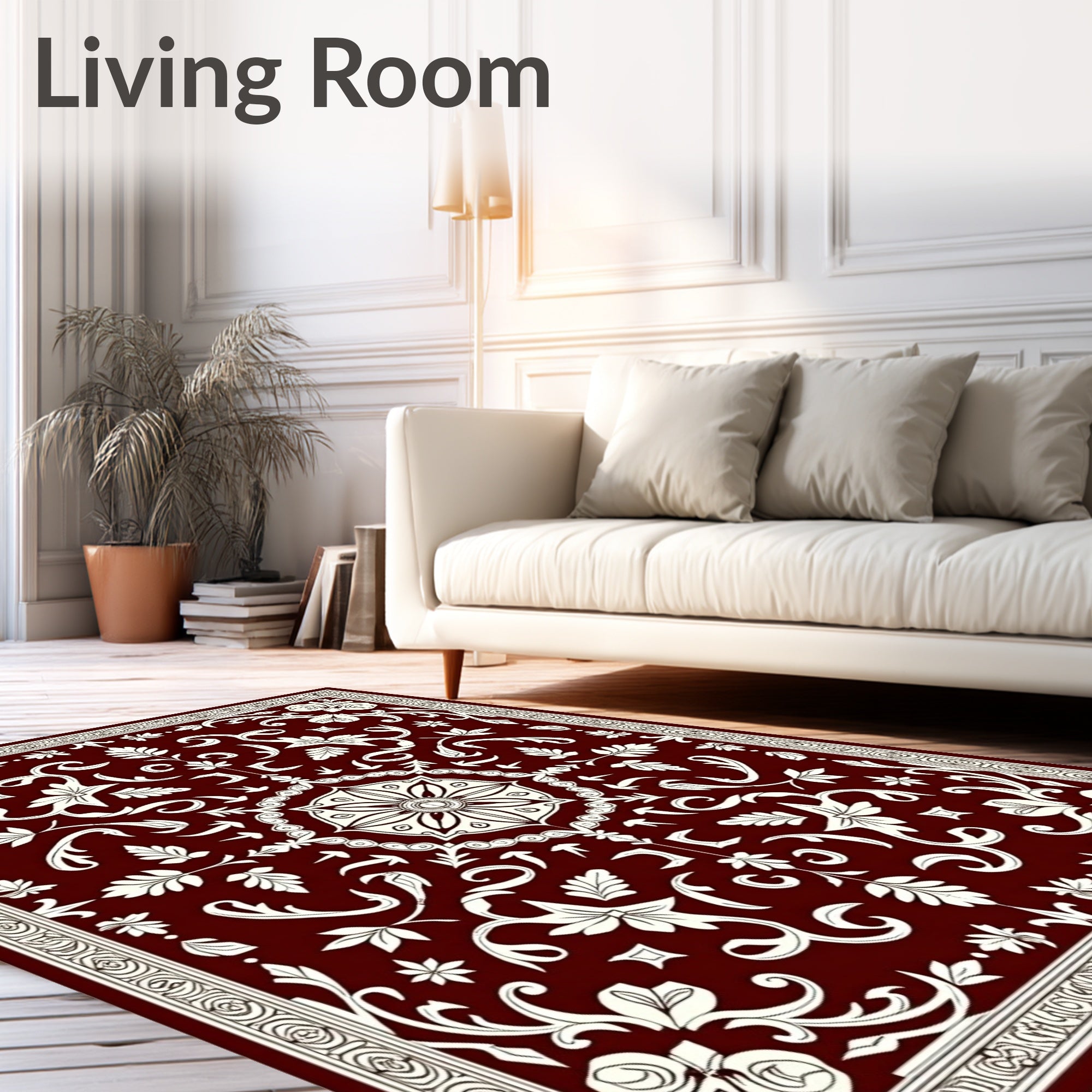 Crimson Ivory Floral Scroll Medallion Rug