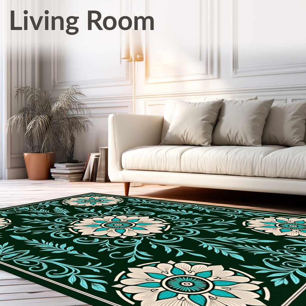 Deep Teal Floral Medallion Garden Rug