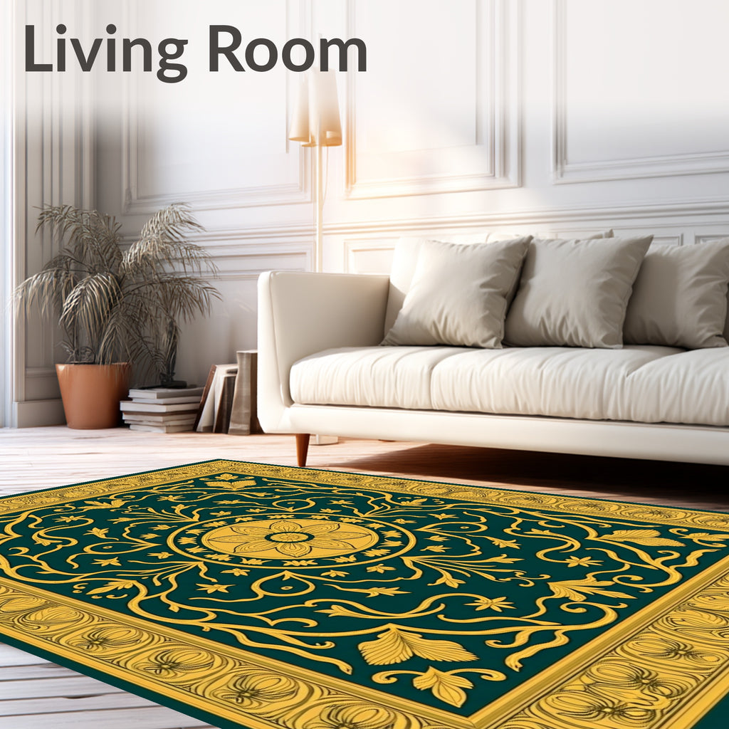 Emerald Gold Floral Medallion Framing Rug