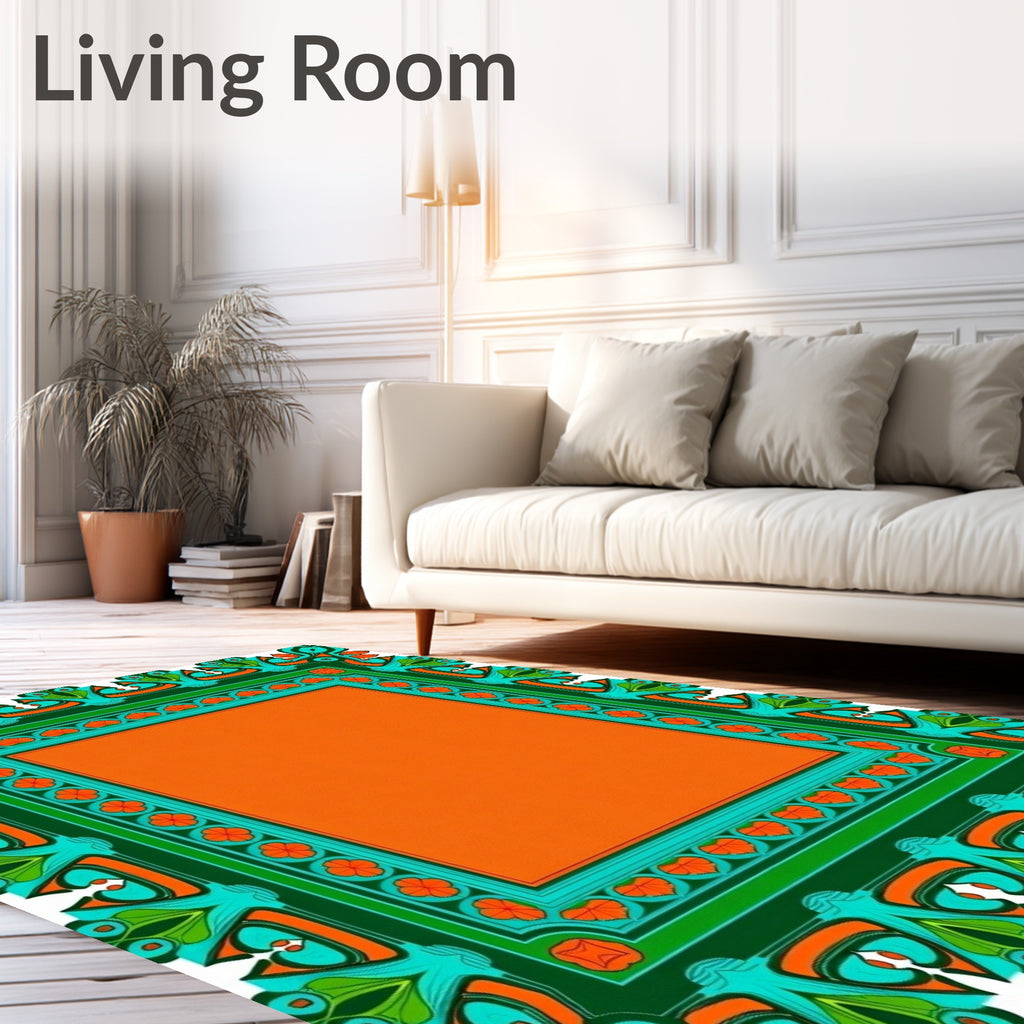 Bold Orange Teal Border Medallion Rug