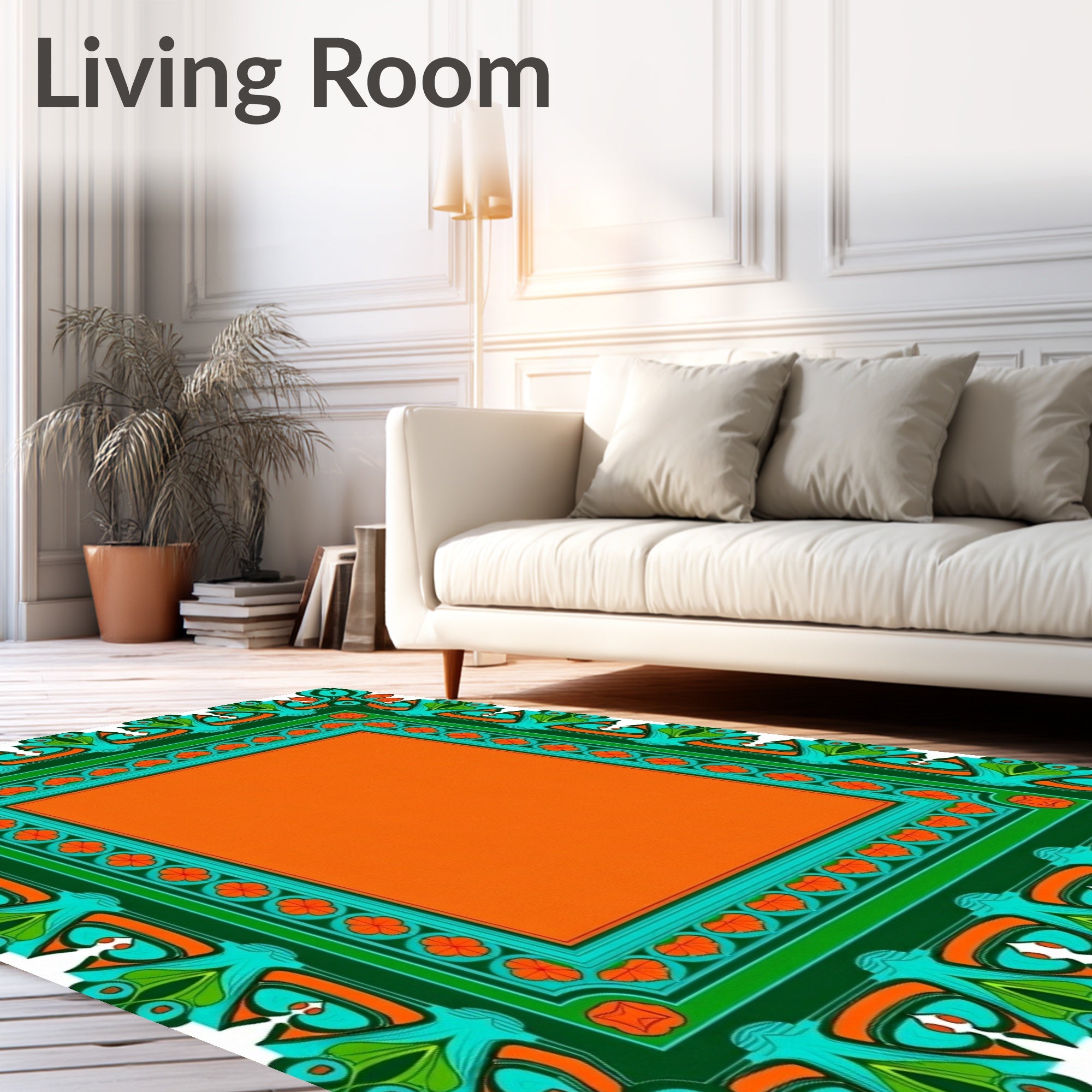 Bold Orange Teal Border Medallion Rug