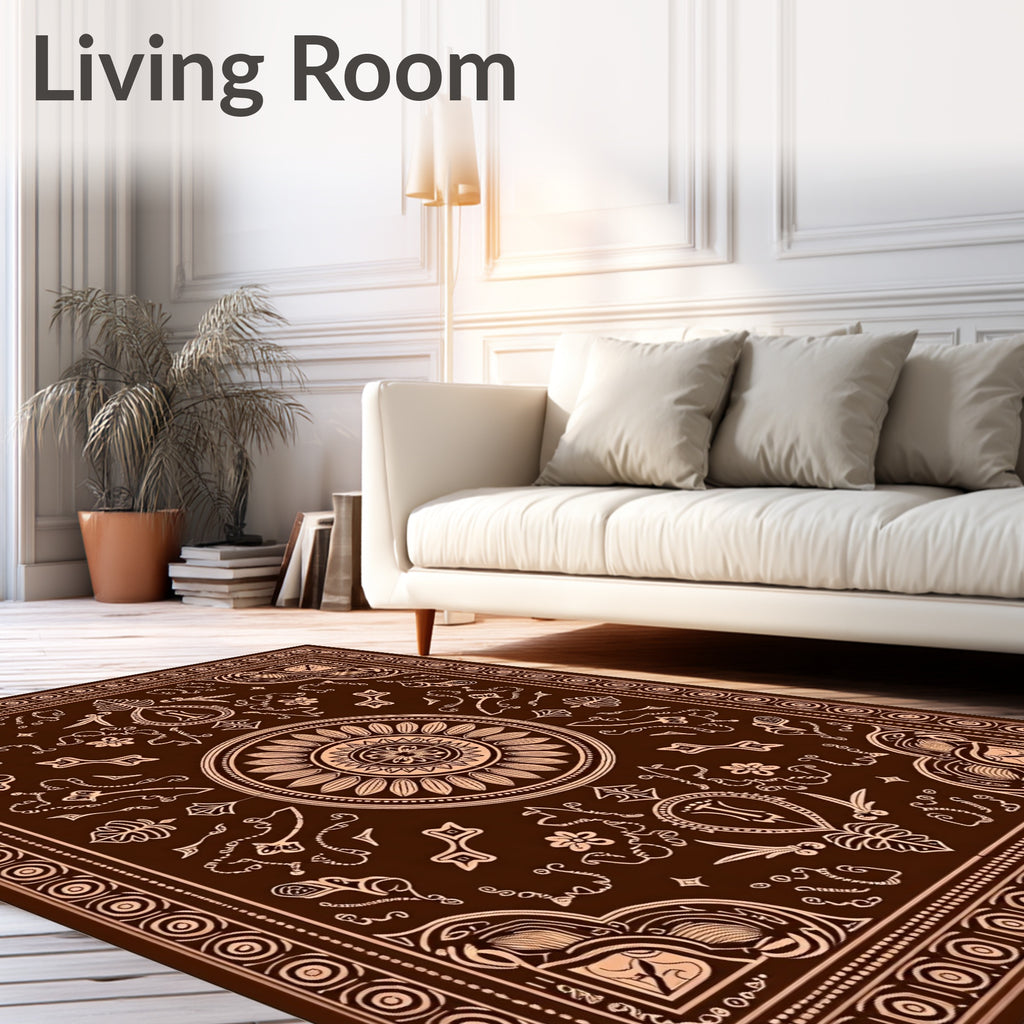 Dark Brown and Tan Sunburst Medallion Border Rug