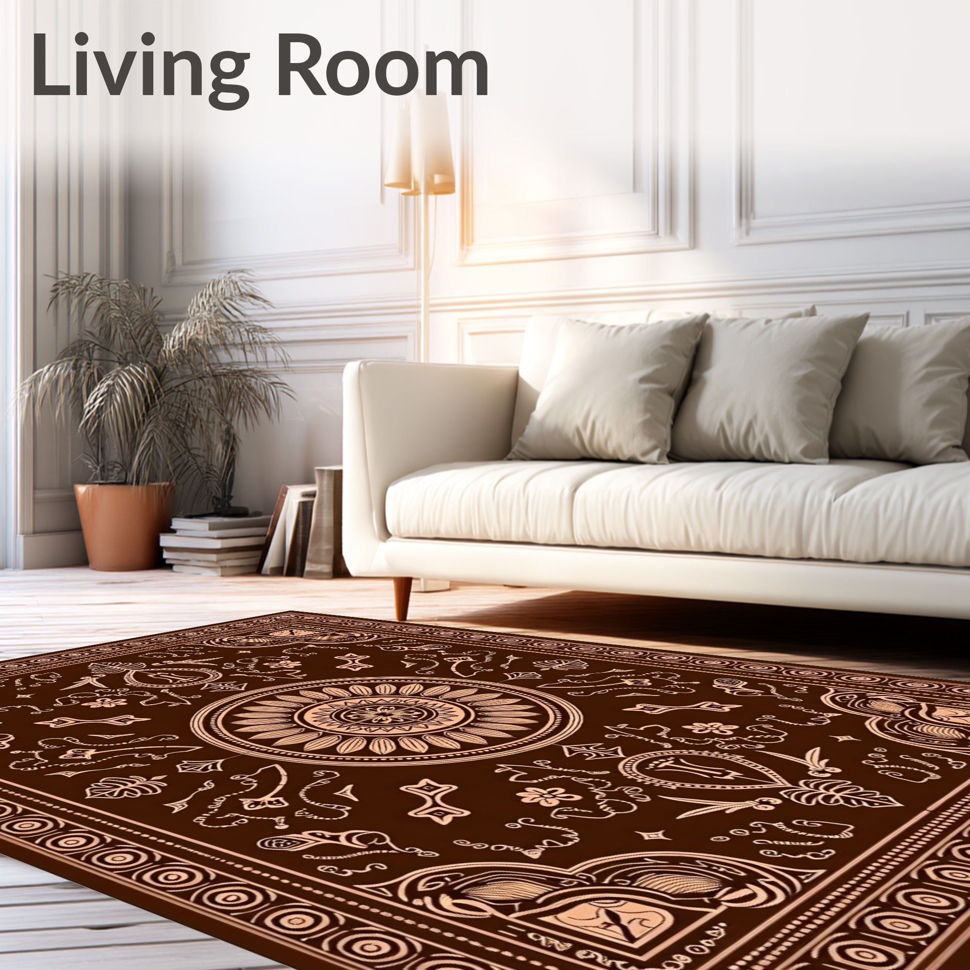 Dark Brown and Tan Sunburst Medallion Border Rug