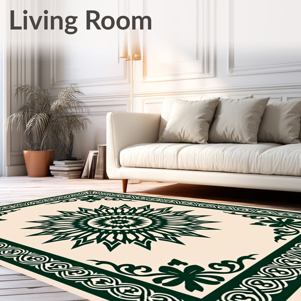 Dark Green Sunburst Floral Frame Rug