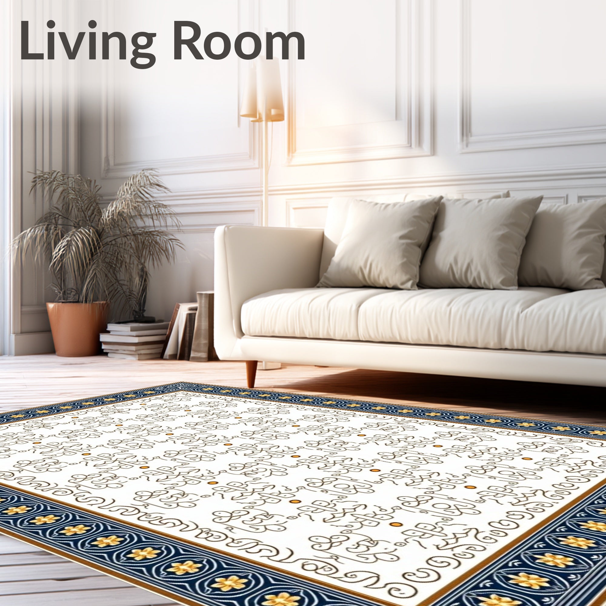 Elegant Navy Golden Flourish Border Rug