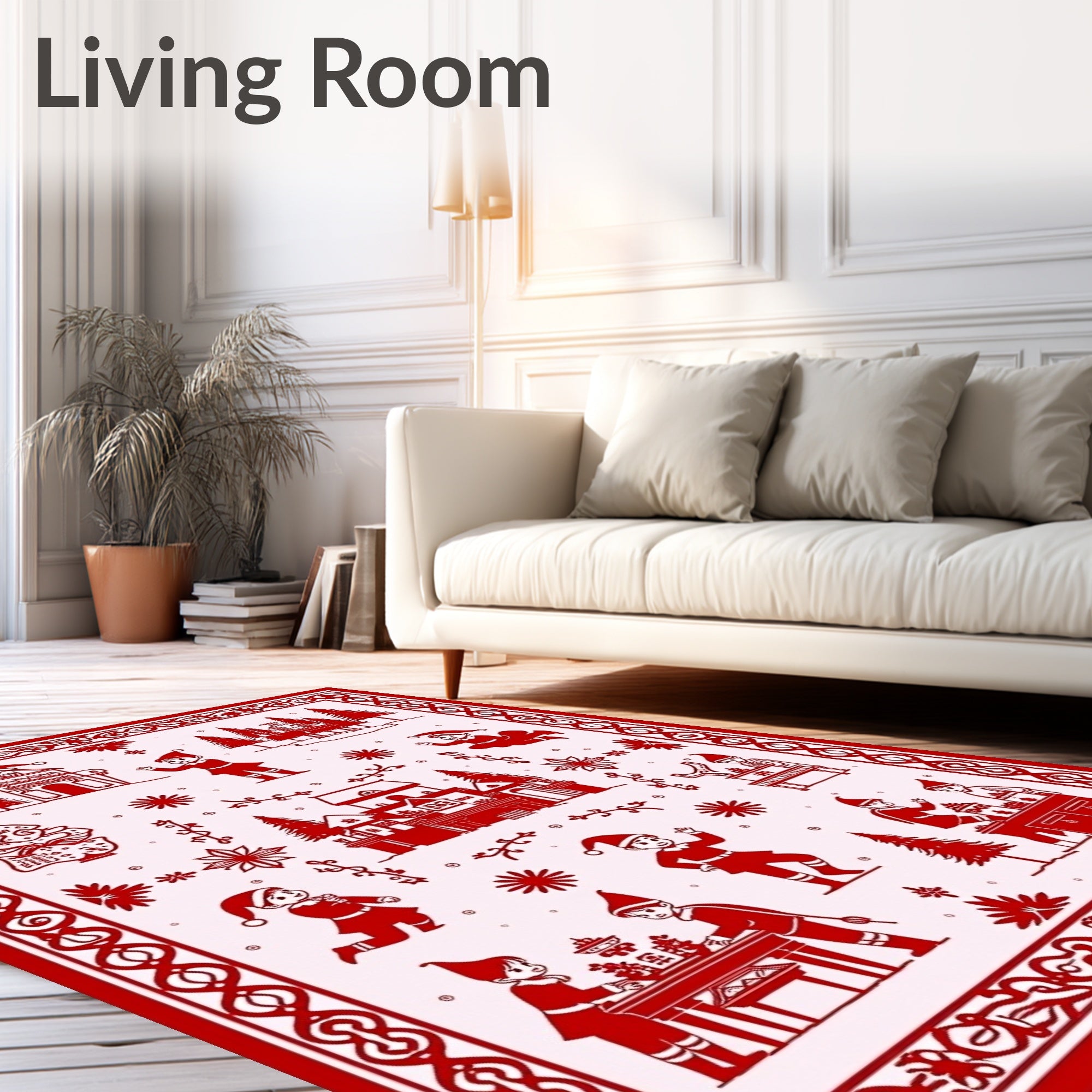 Crimson Christmas Elves Village Scenes Rug