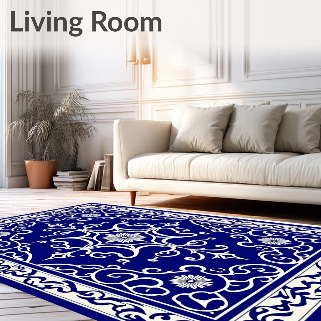 Royal Blue White Floral Arabesque Rug