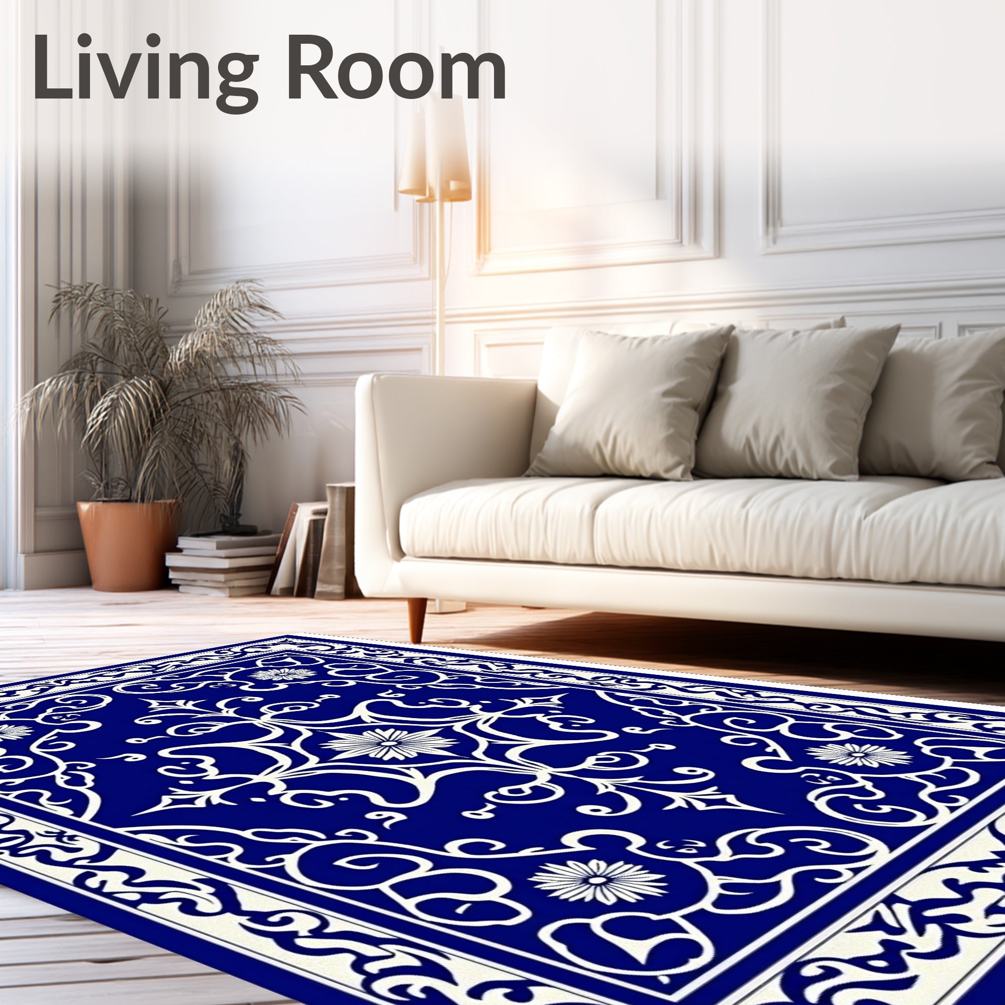 Royal Blue White Floral Arabesque Rug