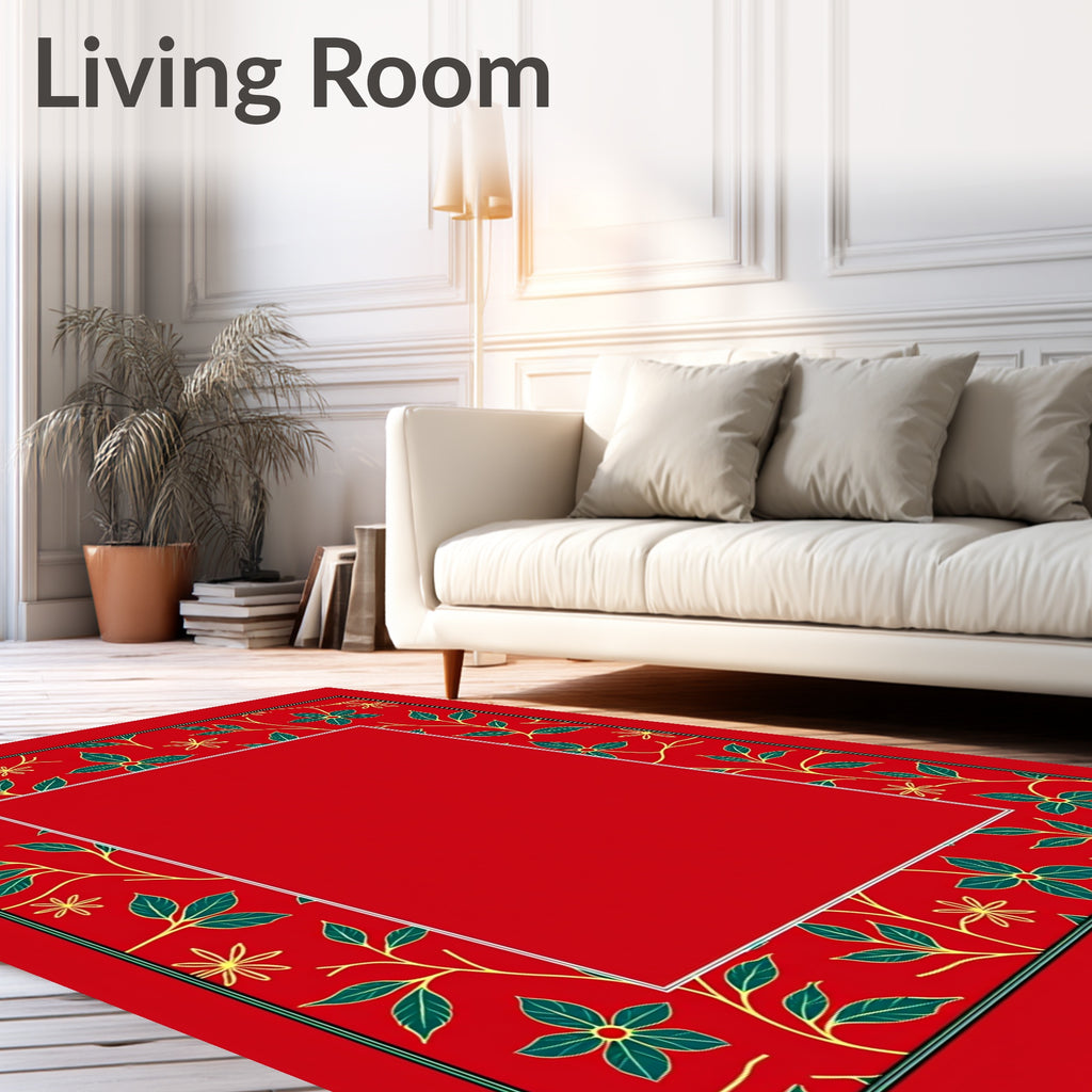 Crimson Floral Vines Border Rug