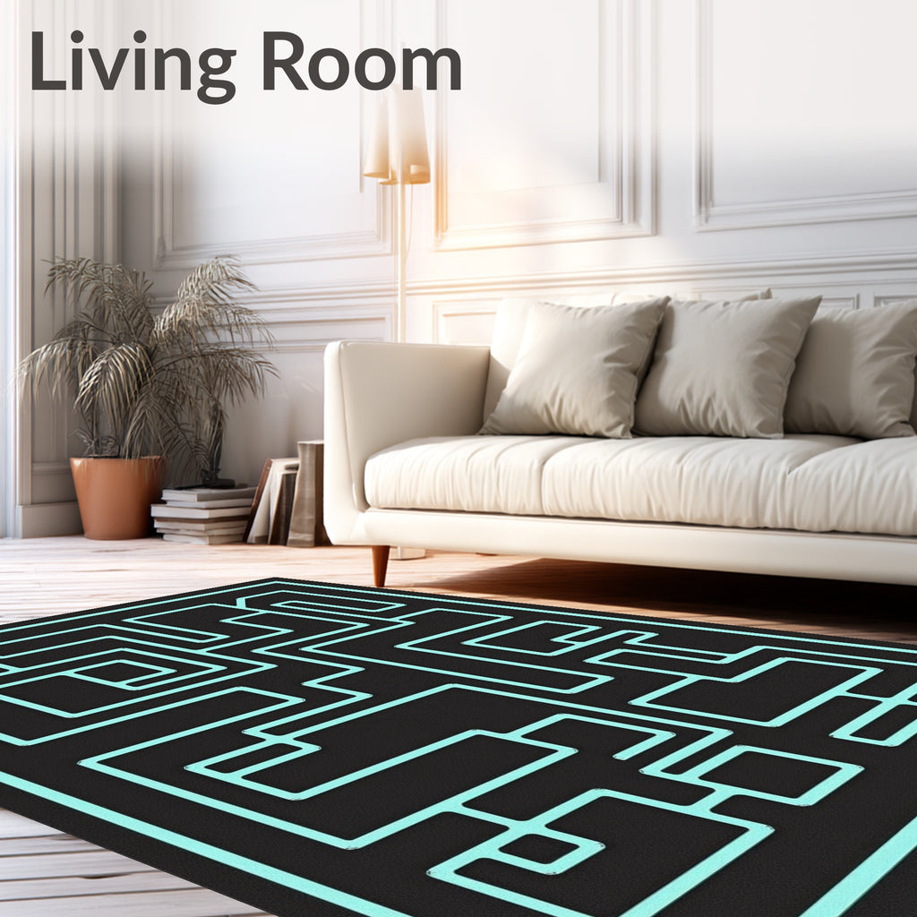 Turquoise Maze Linear Black Rug