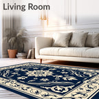 Deep Blue Ivory Floral Medallion Border Rug