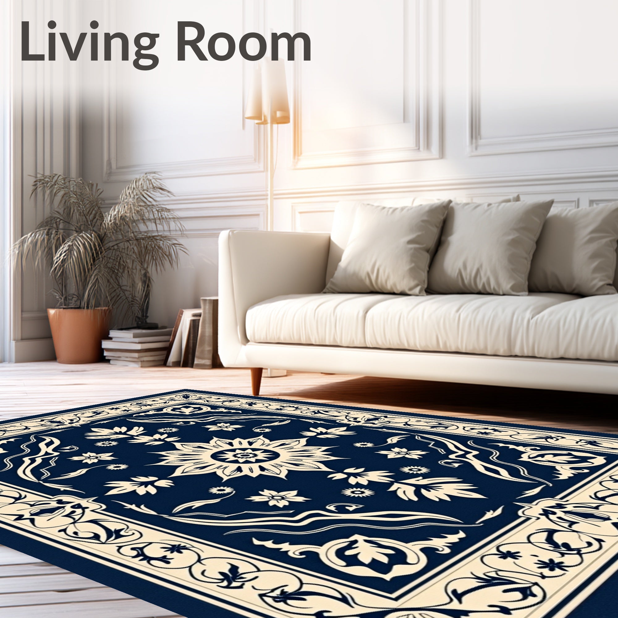 Deep Blue Ivory Floral Medallion Border Rug