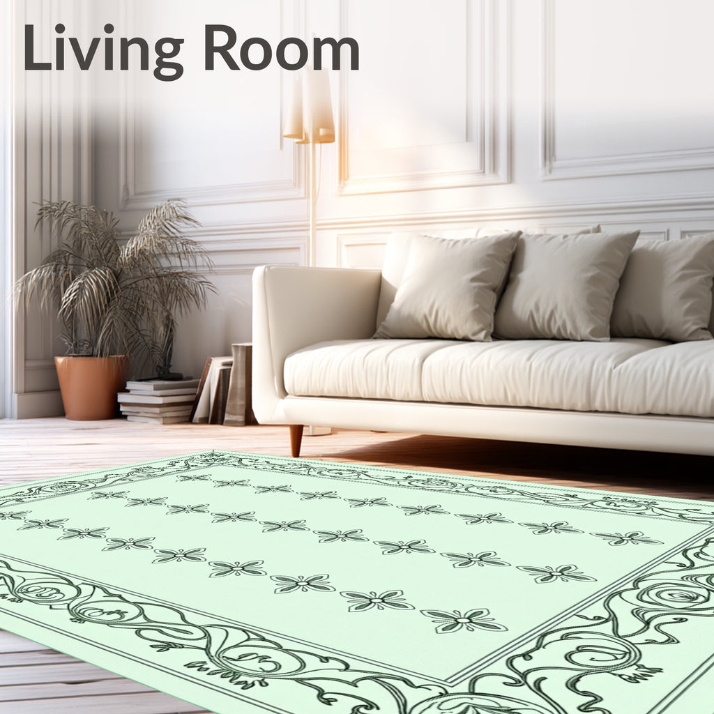 Pale Green Floral Bordered Rug