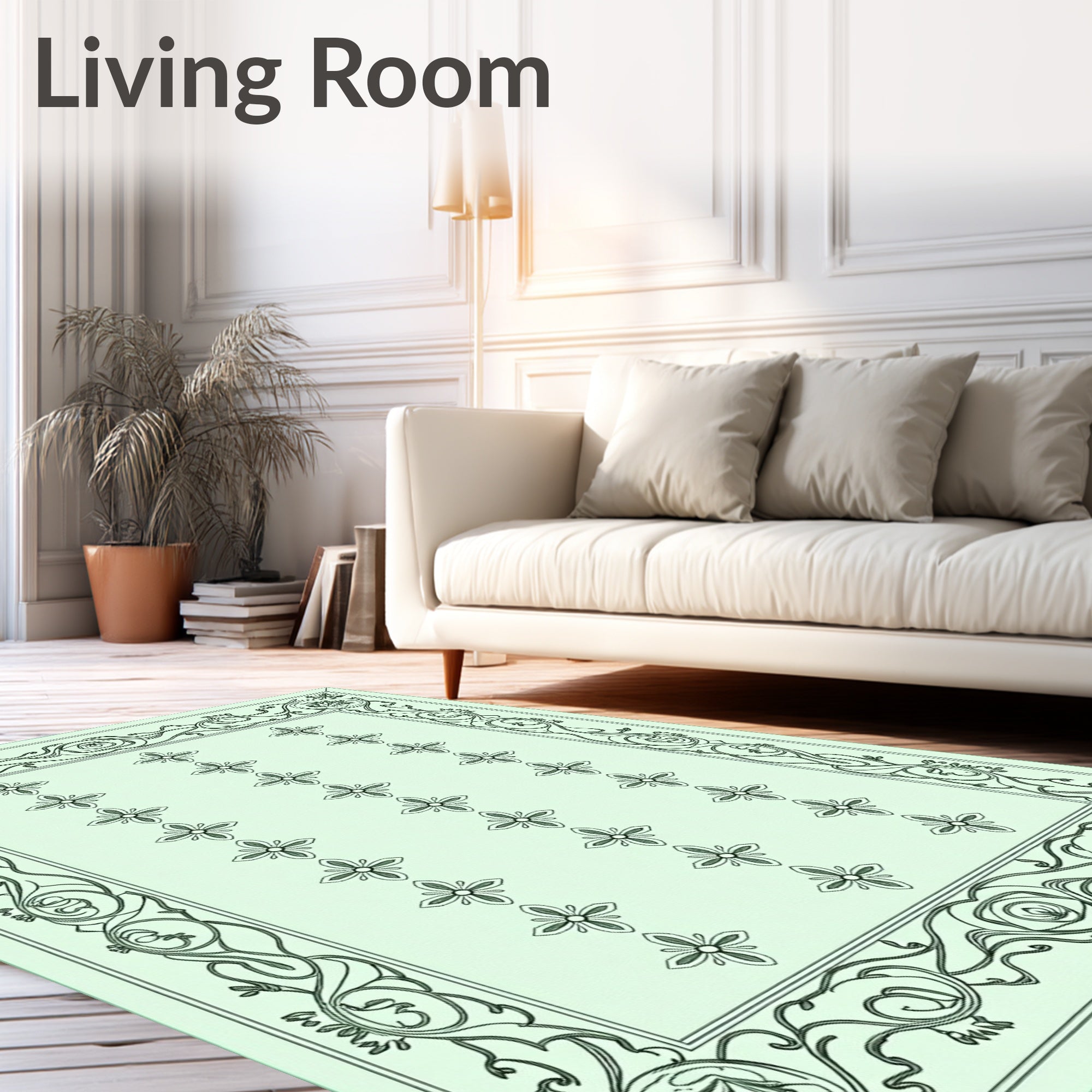 Pale Green Floral Bordered Rug
