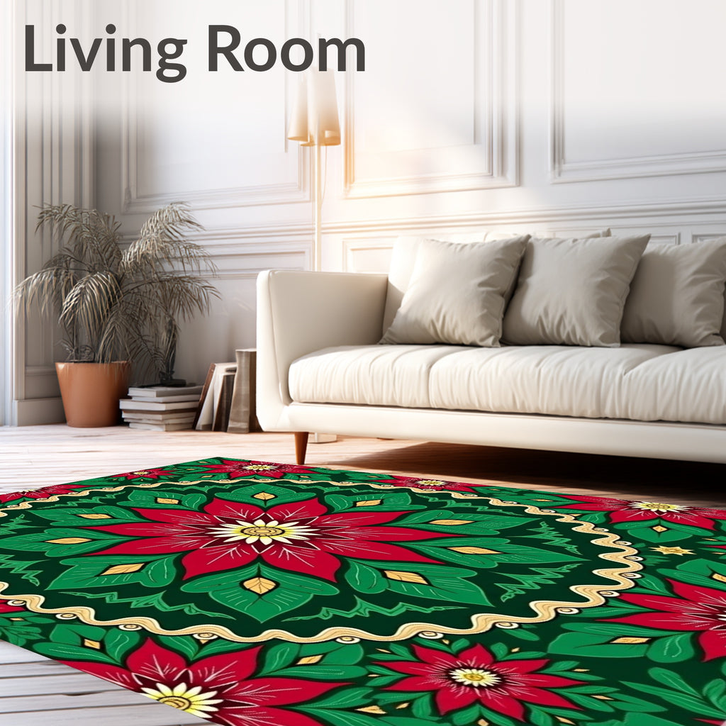 Crimson Poinsettia Golden Garland Round Rug