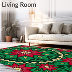 Crimson Poinsettia Golden Garland Round Rug