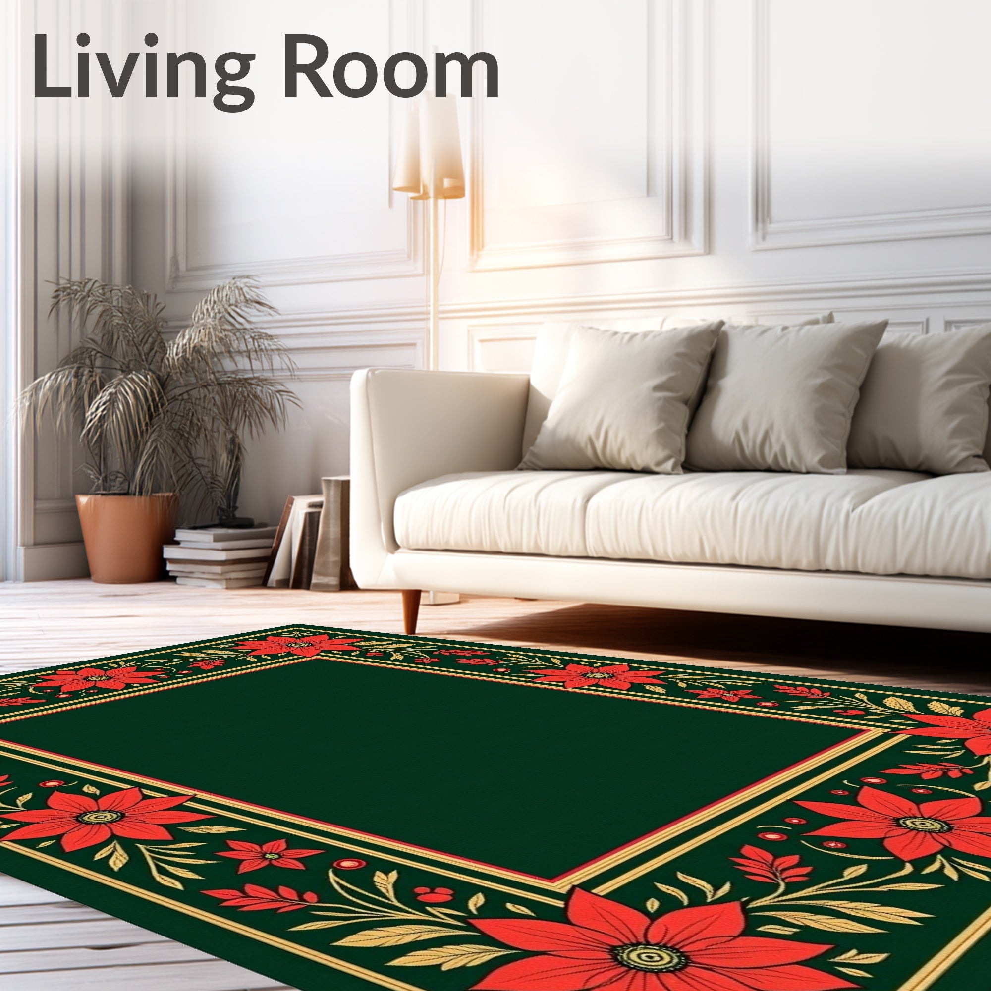 Crimson Poinsettia Border on Deep Green Rug