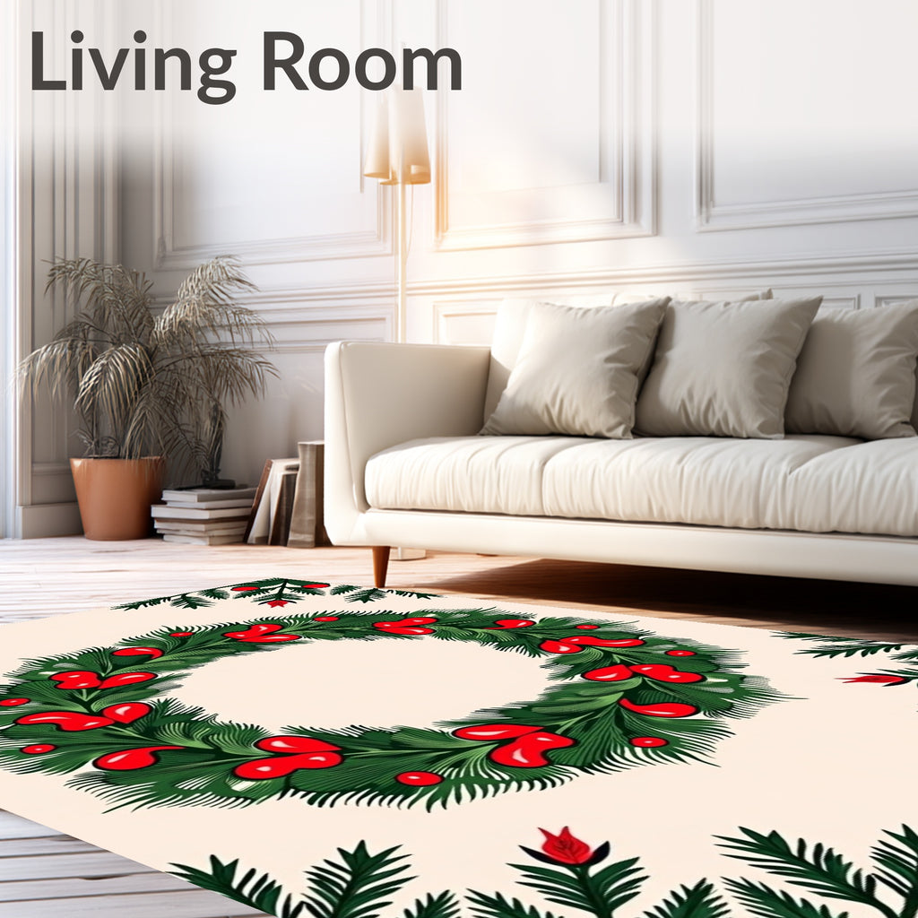 Festive Green Wreath Red Berry Garland Rug