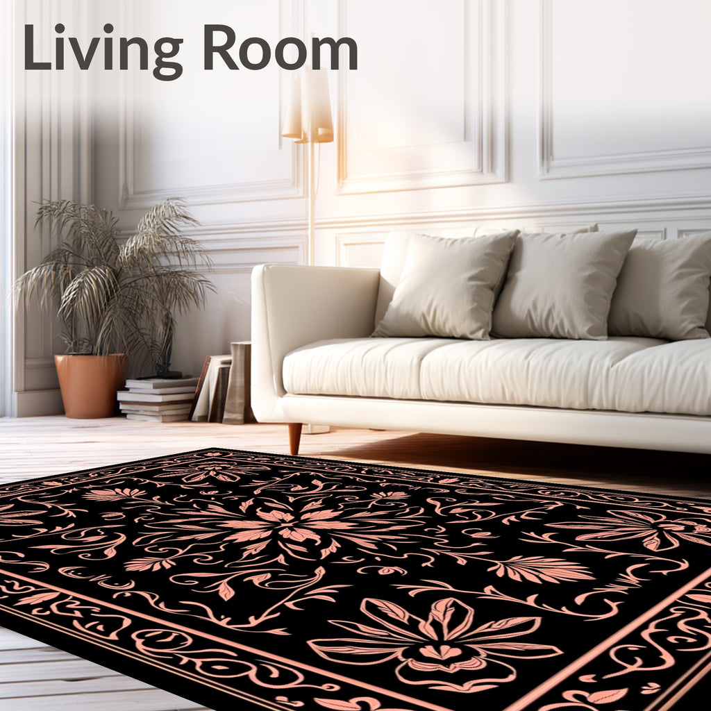 Coral Floral Medallion Black Rug