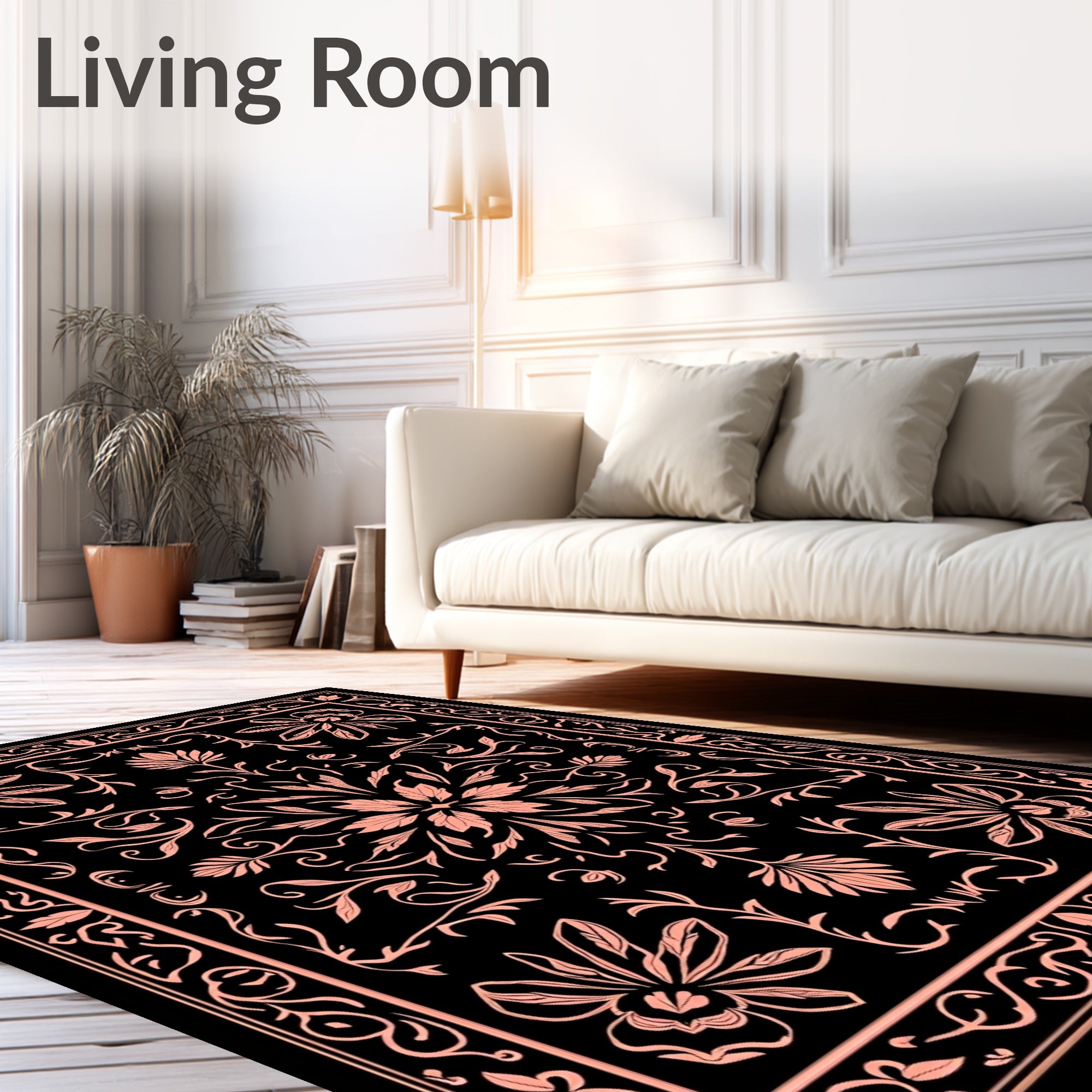 Coral Floral Medallion Black Rug