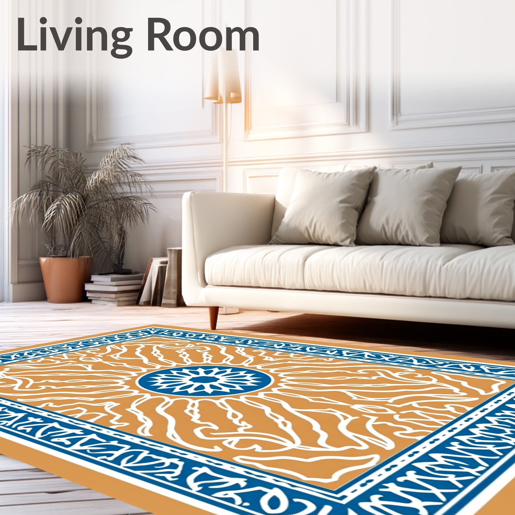 Orange White Blue Medallion Border Rug