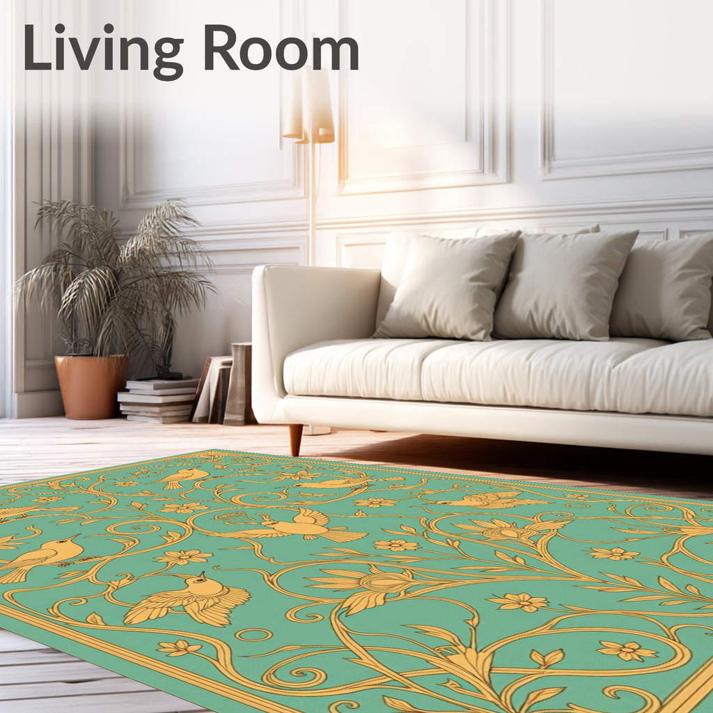 Golden Birds Teal Floral Scroll Rug