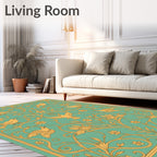Golden Birds Teal Floral Scroll Rug