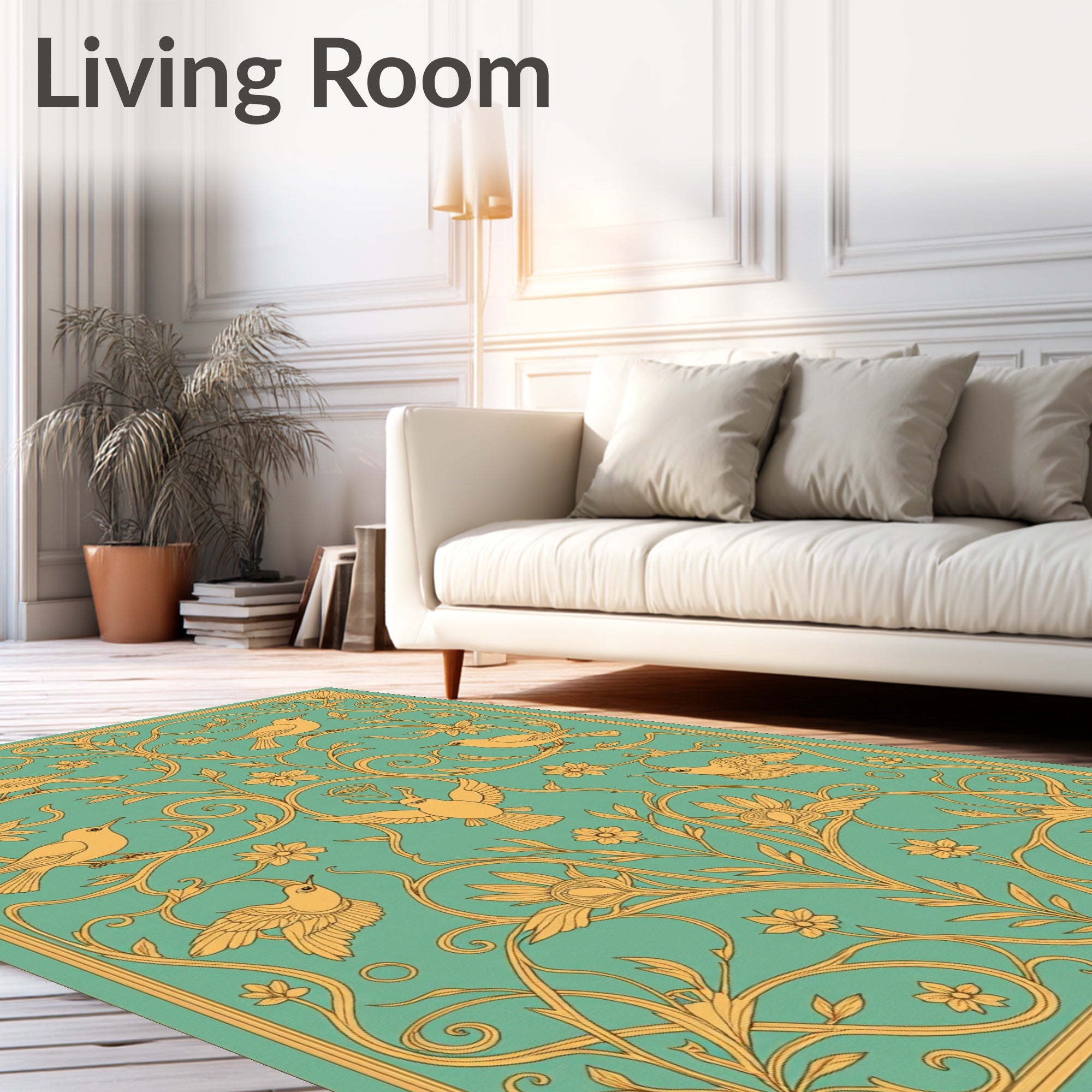Golden Birds Teal Floral Scroll Rug