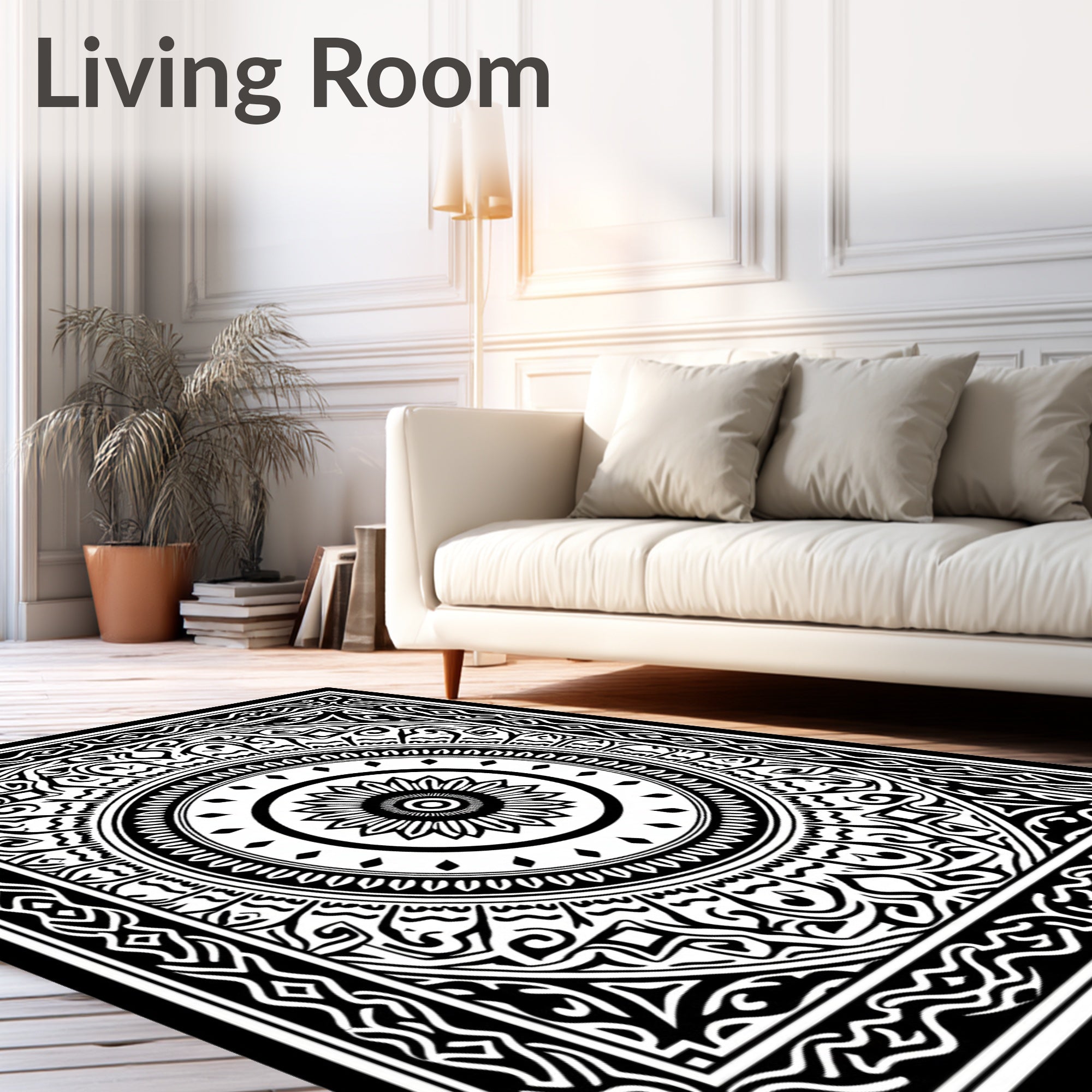 Black White Intricate Floral Mandala Rug