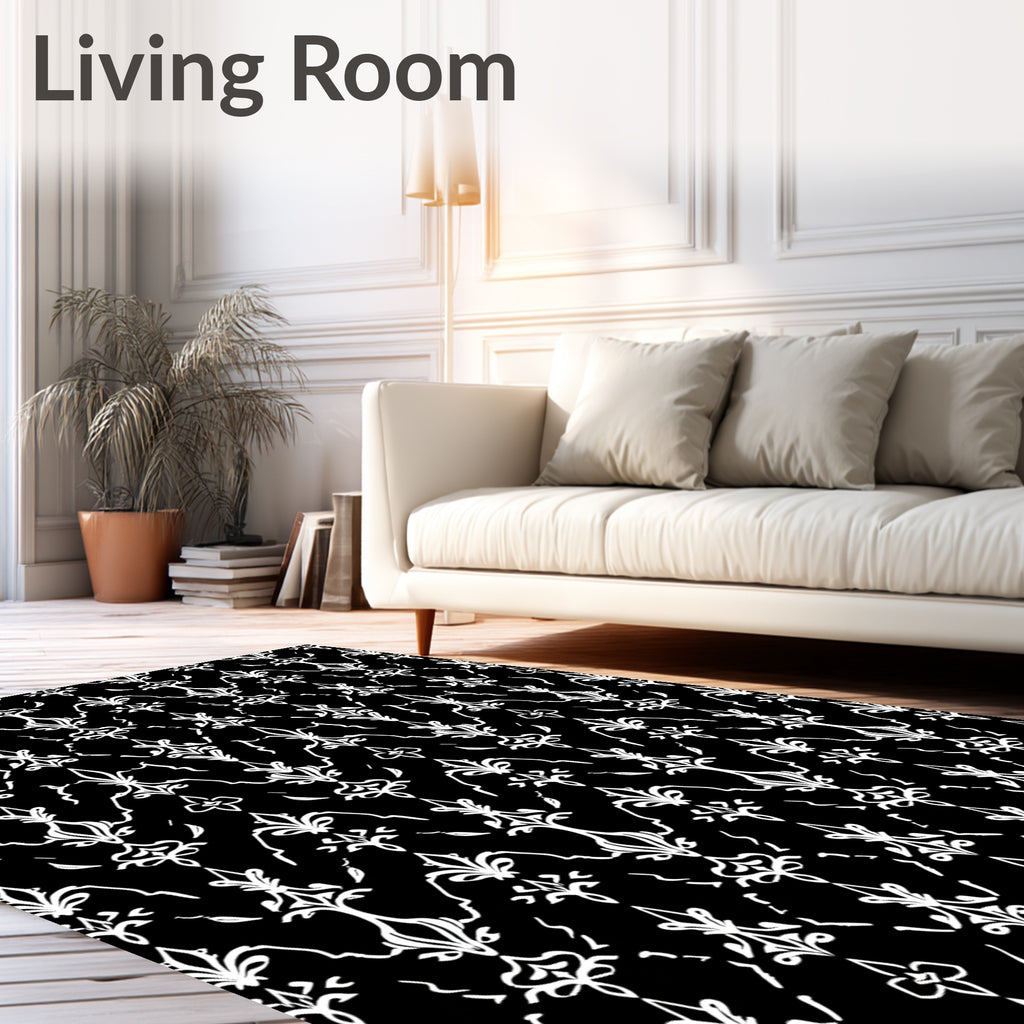Black White Damask Scrollwork Rug