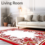 Elegant Red Floral Scrollwork Border Rug