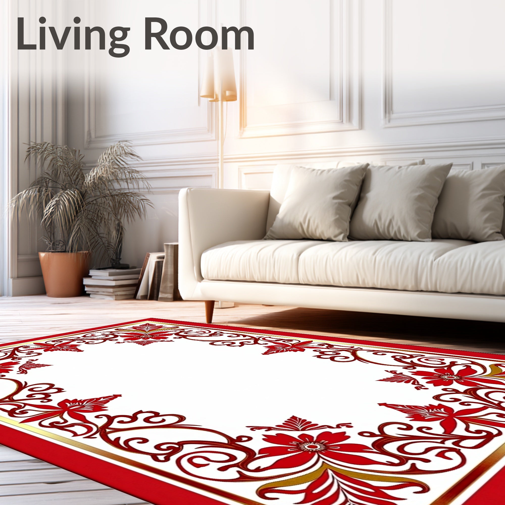 Elegant Red Floral Scrollwork Border Rug