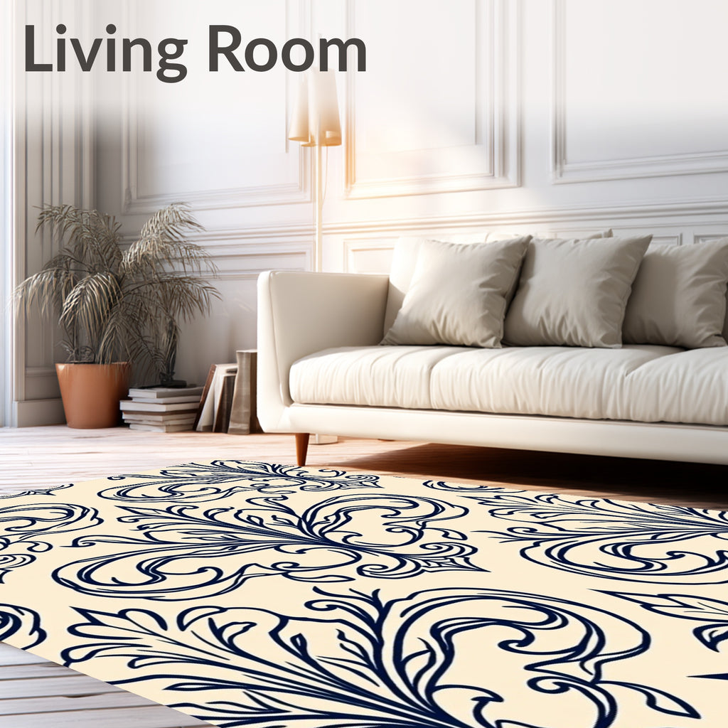 Navy Cream Floral Scroll Composed Rug
