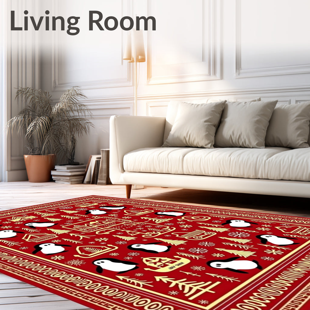 Red Gold Penguin Christmas Trees Rug
