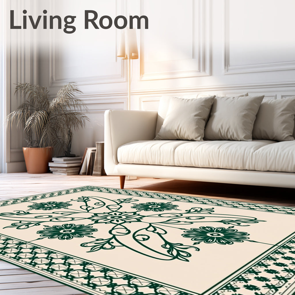 Deep Green Floral Medallion Border Rug