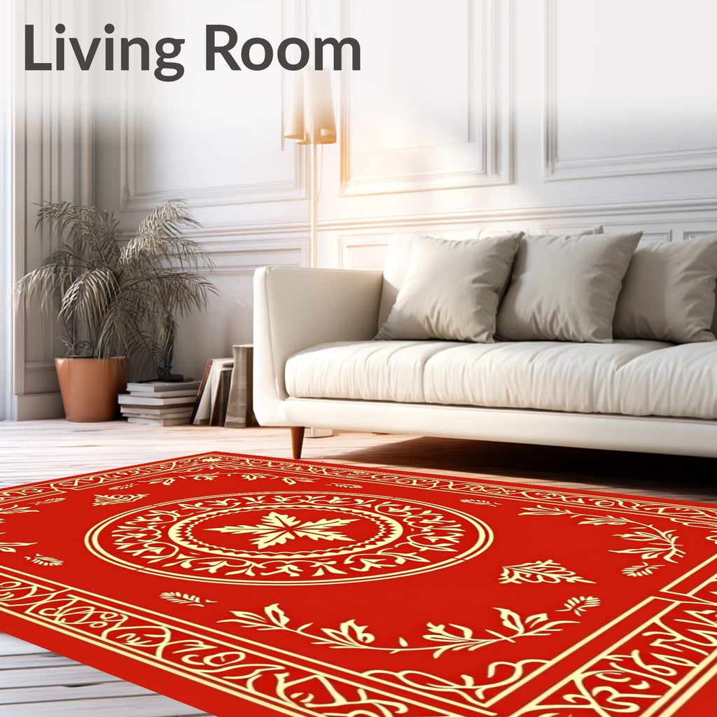 Ornate Scarlet Leaf Medallion Frame Rug