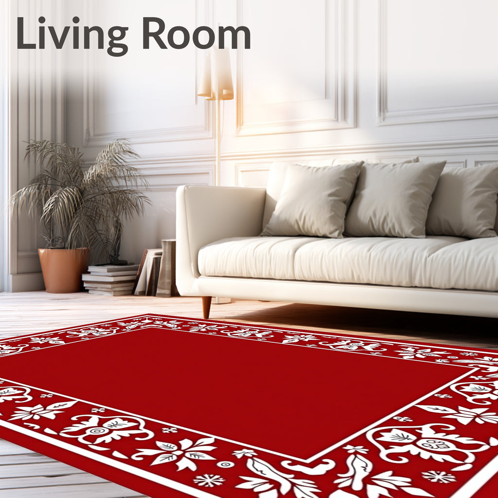 Crimson White Floral Border Accent Rug