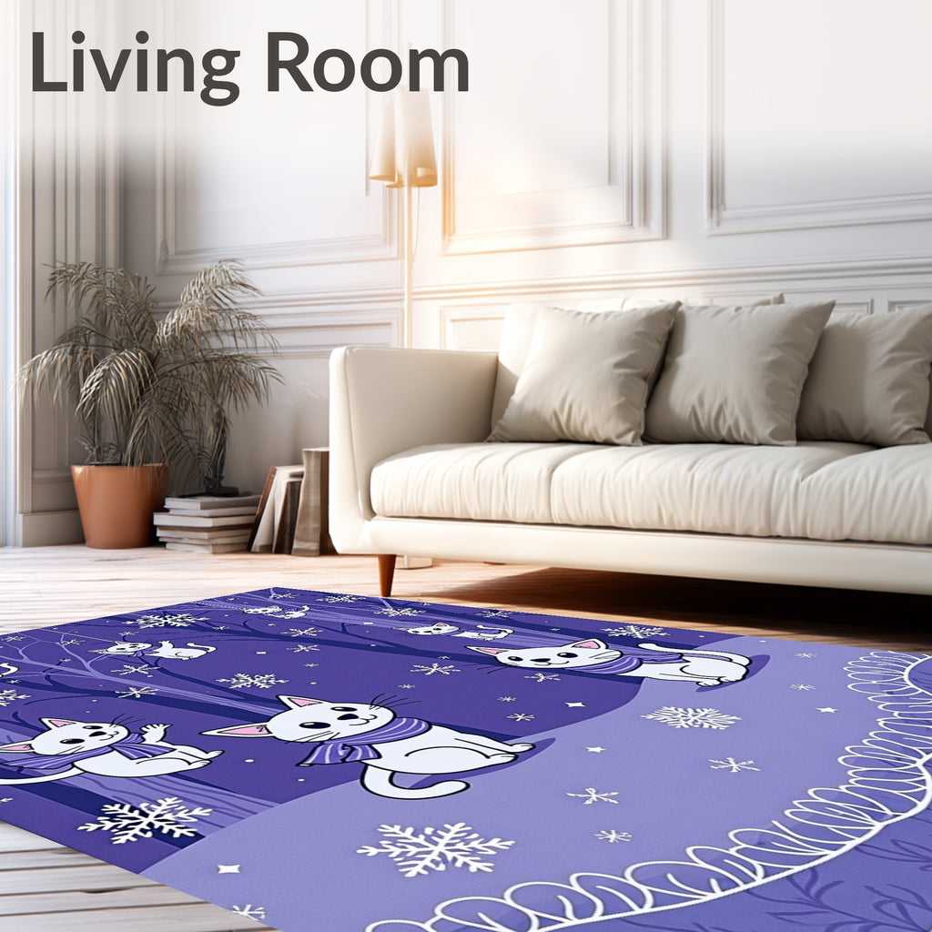 Whimsical Purple Snow Cat Forest Rug