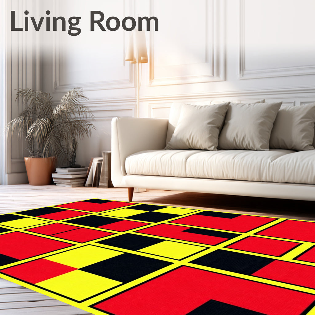 Modern Geometric Red Yellow Black Blocks Rug