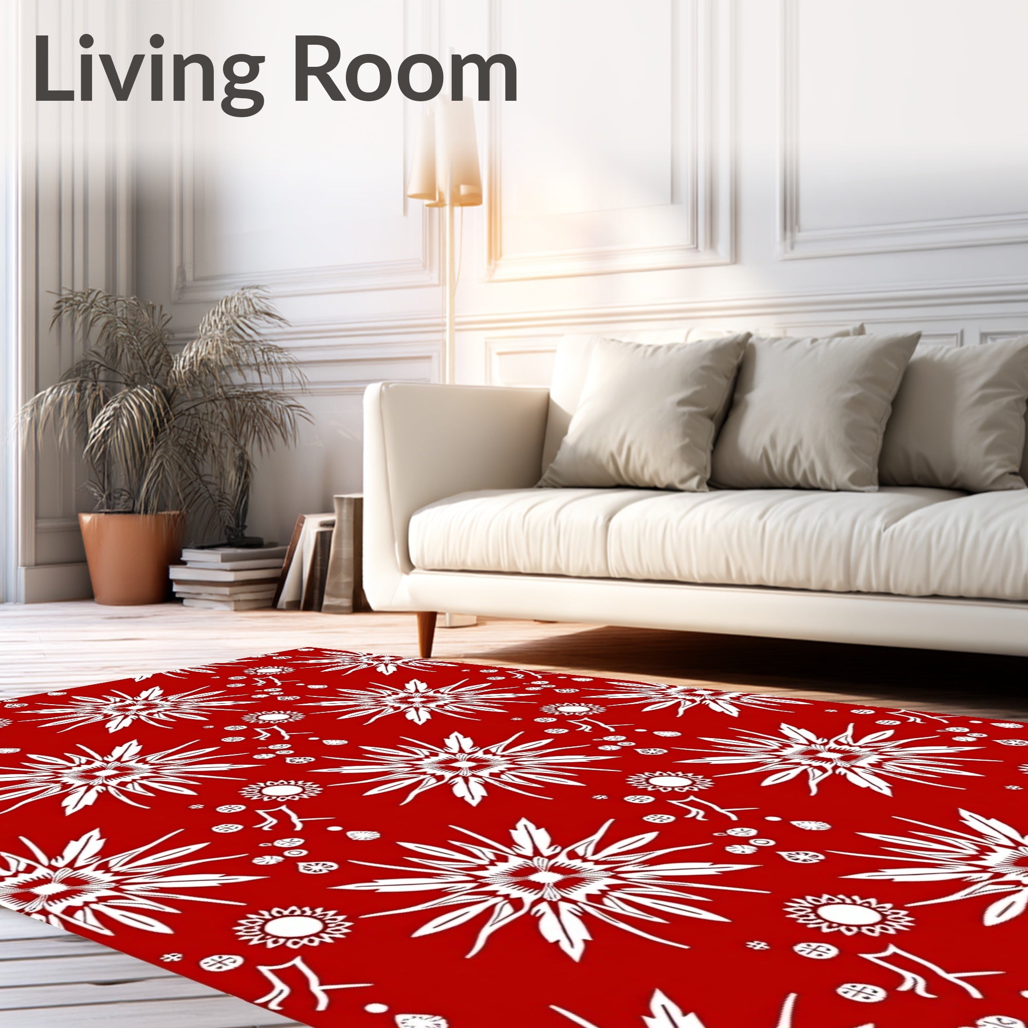 Crimson White Exploding Starburst Arrangement Rug