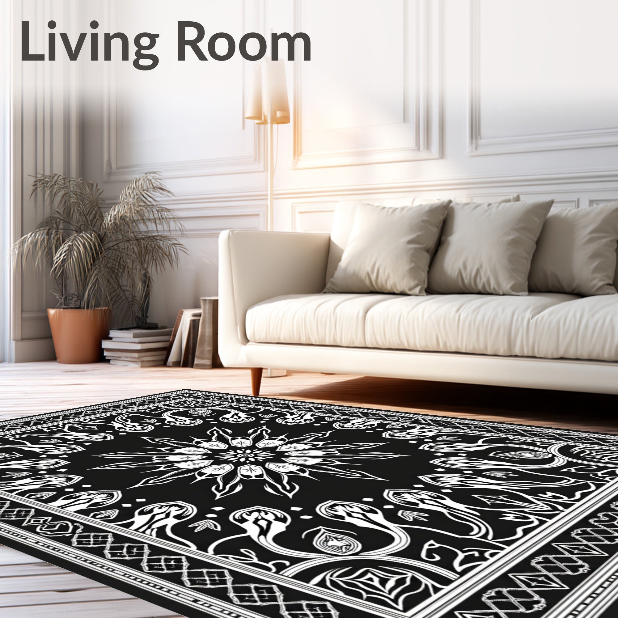 Black White Floral Starburst Mandala Rug