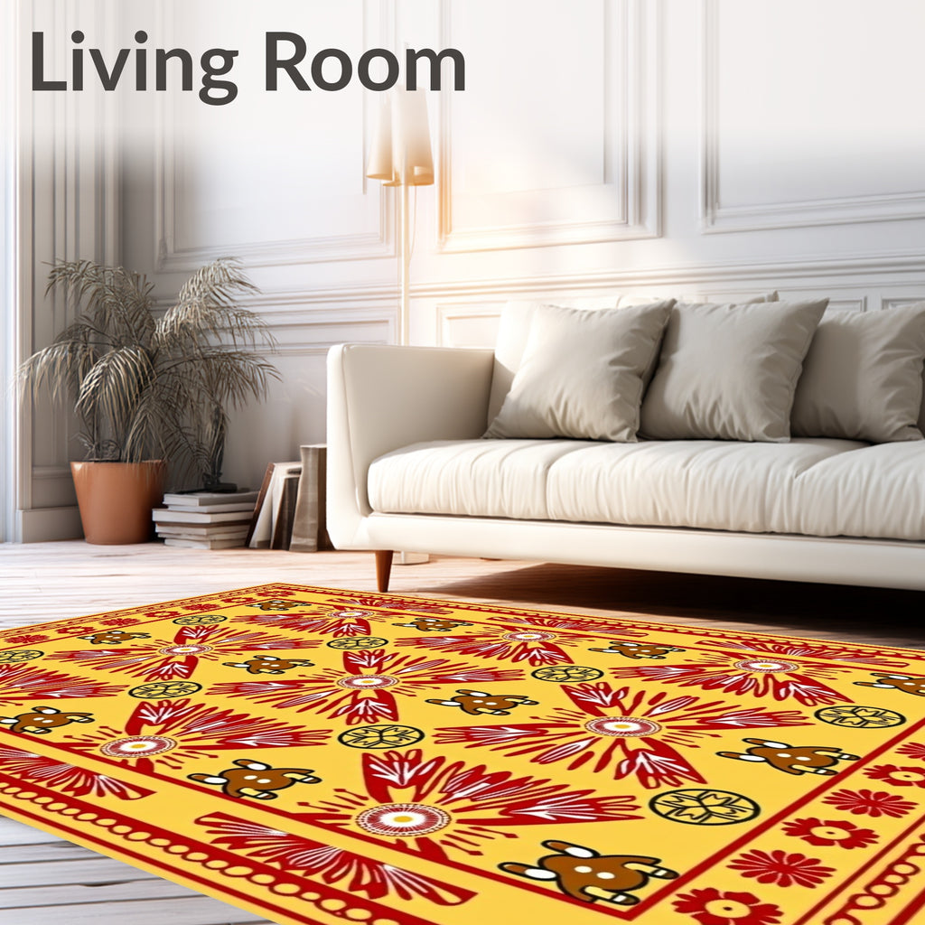 Golden Yellow Red Sunburst Animal Motif Rug