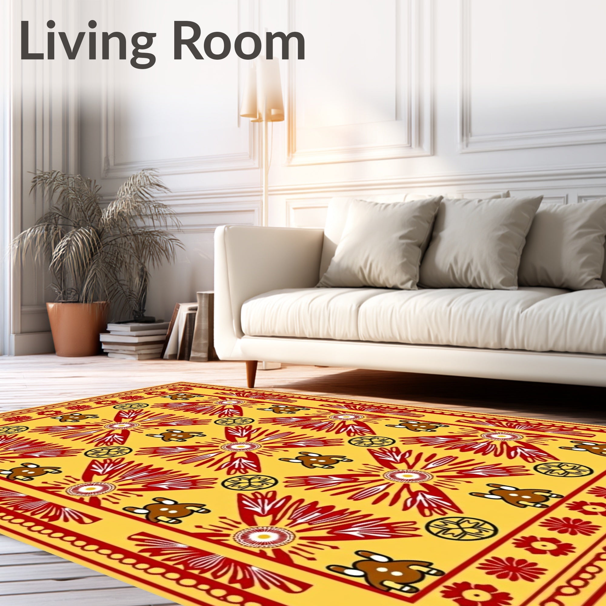 Golden Yellow Red Sunburst Animal Motif Rug