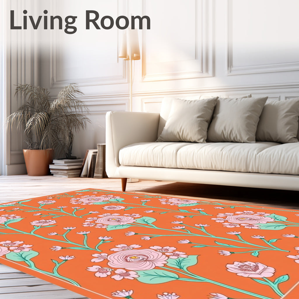 Pink Floral Vines on Orange Background Rug