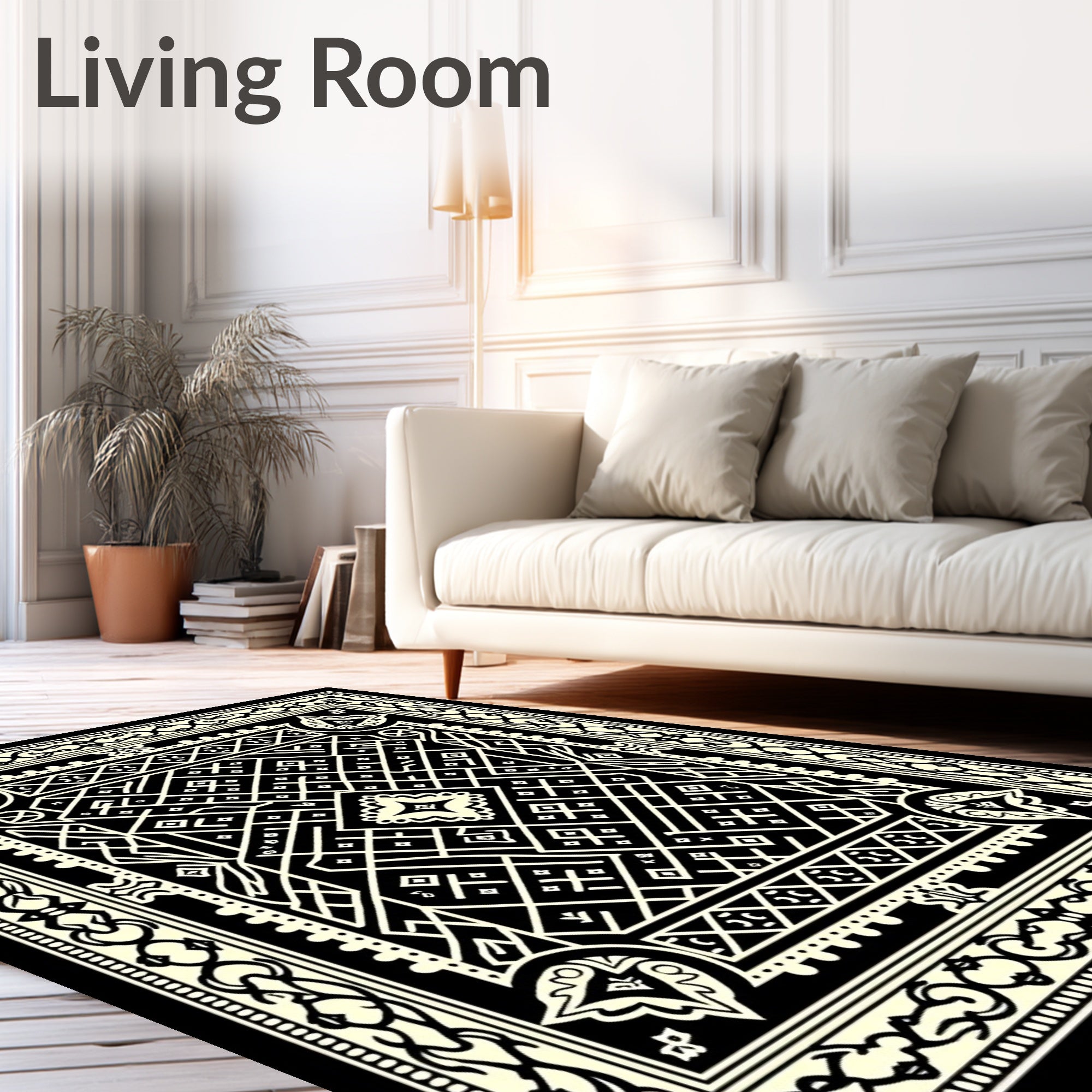 Black White Geometric Lattice Medallion Rug