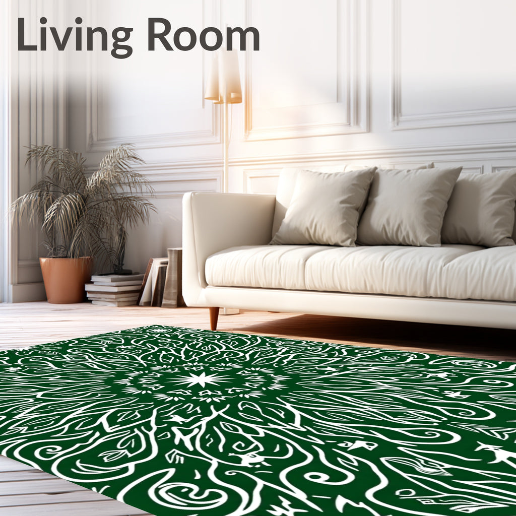 Forest Green White Organic Scroll Mandala Rug