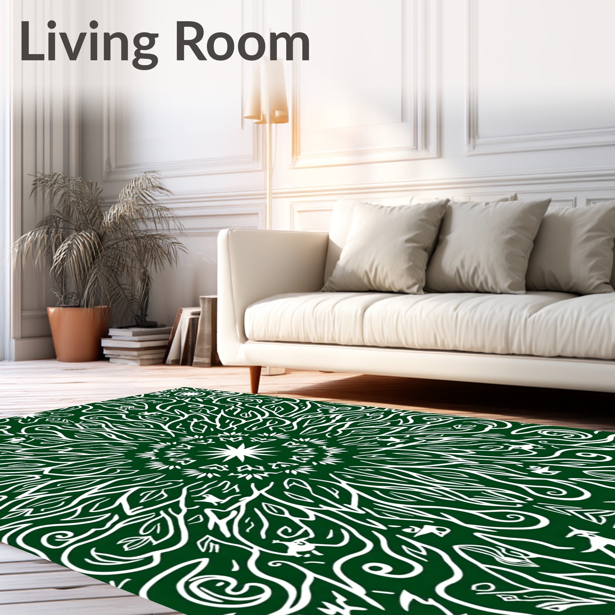 Forest Green White Organic Scroll Mandala Rug