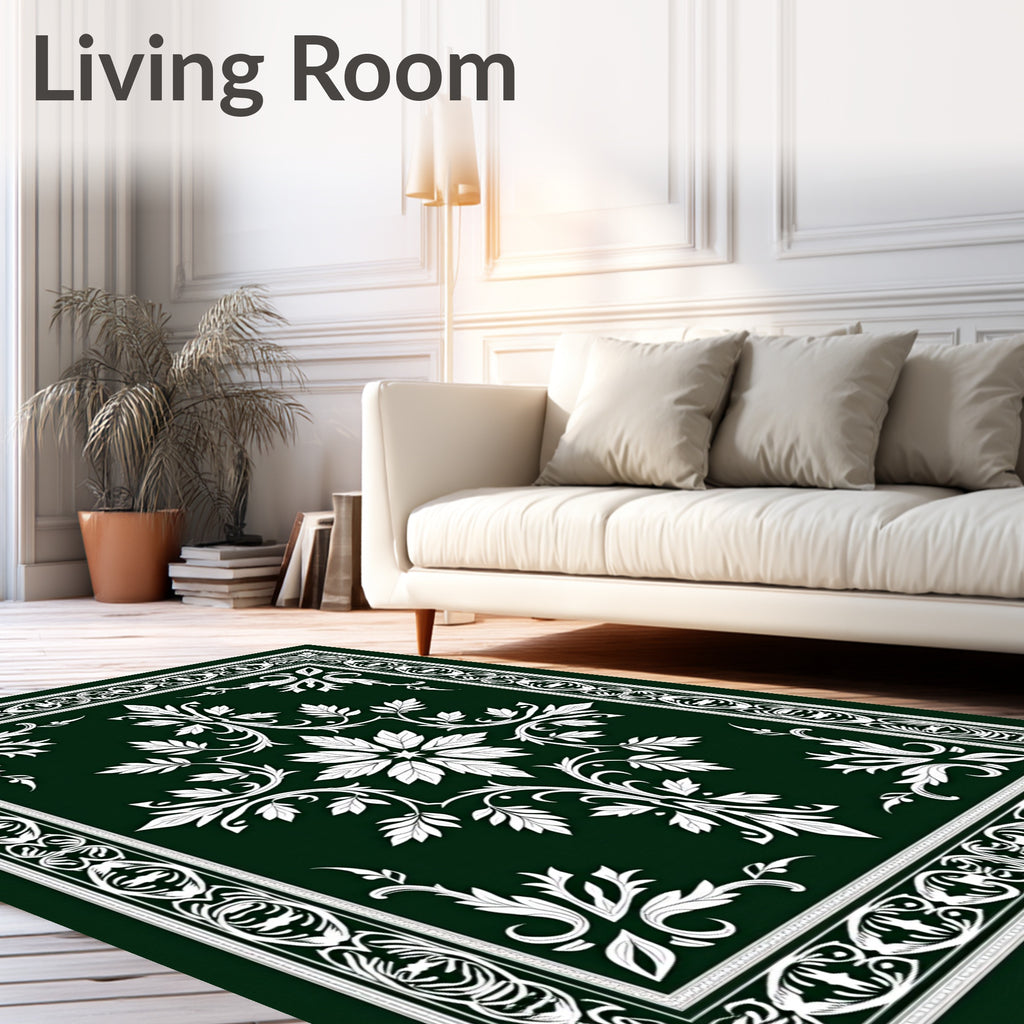 Emerald Green White Botanical Medallion Frame Rug