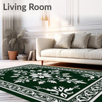 Emerald Green White Botanical Medallion Frame Rug